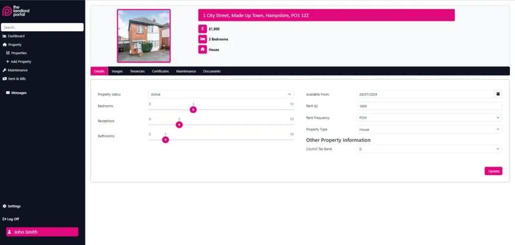 The Landlord Portal property screen for a sample house, with tabs for details, images, tenancies, certificates, maintenance and documents