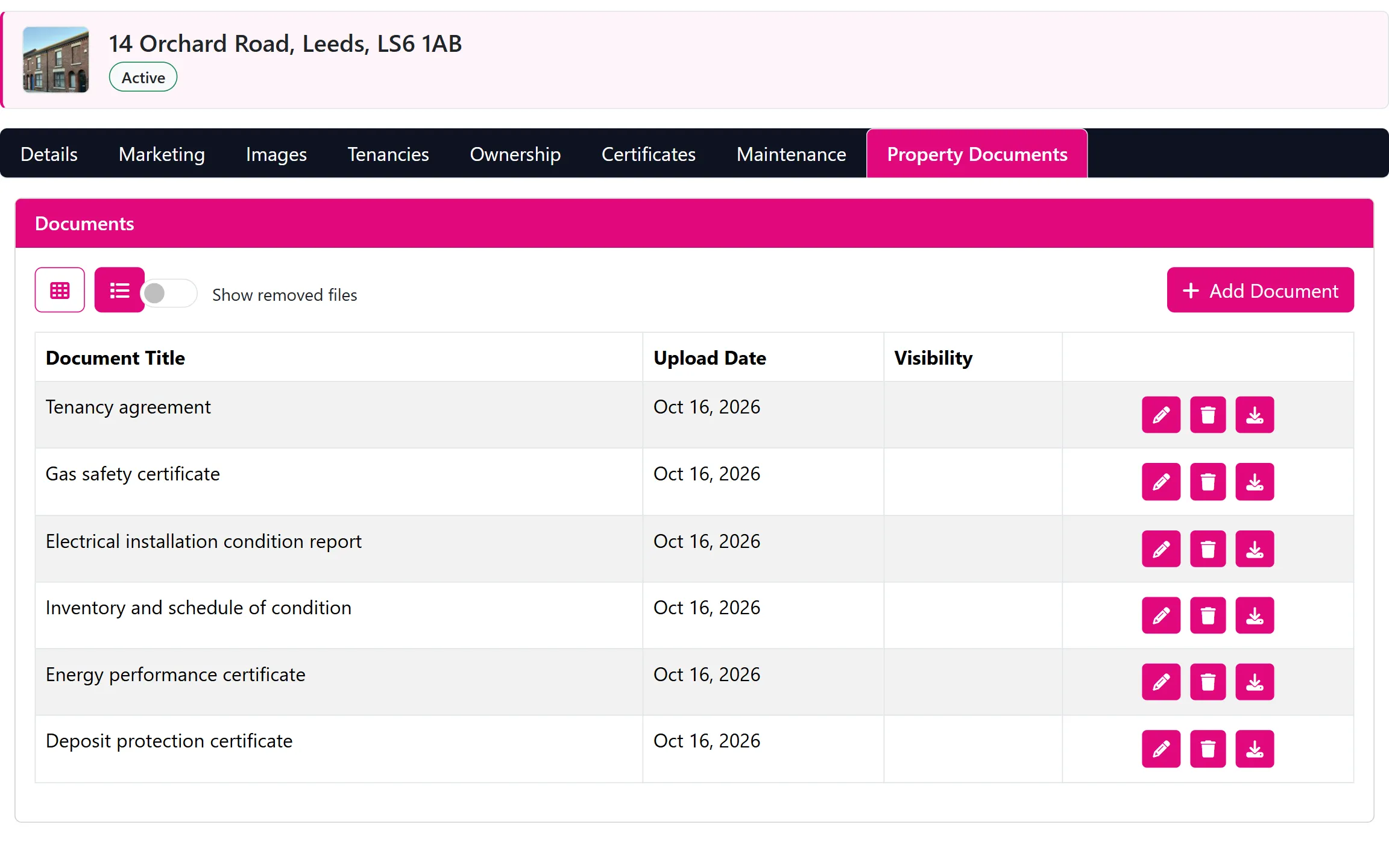 The Landlord Portal Property Documents tab for a sample property, listing a tenancy agreement, gas safety certificate, EICR, inventory, EPC and deposit protection certificate