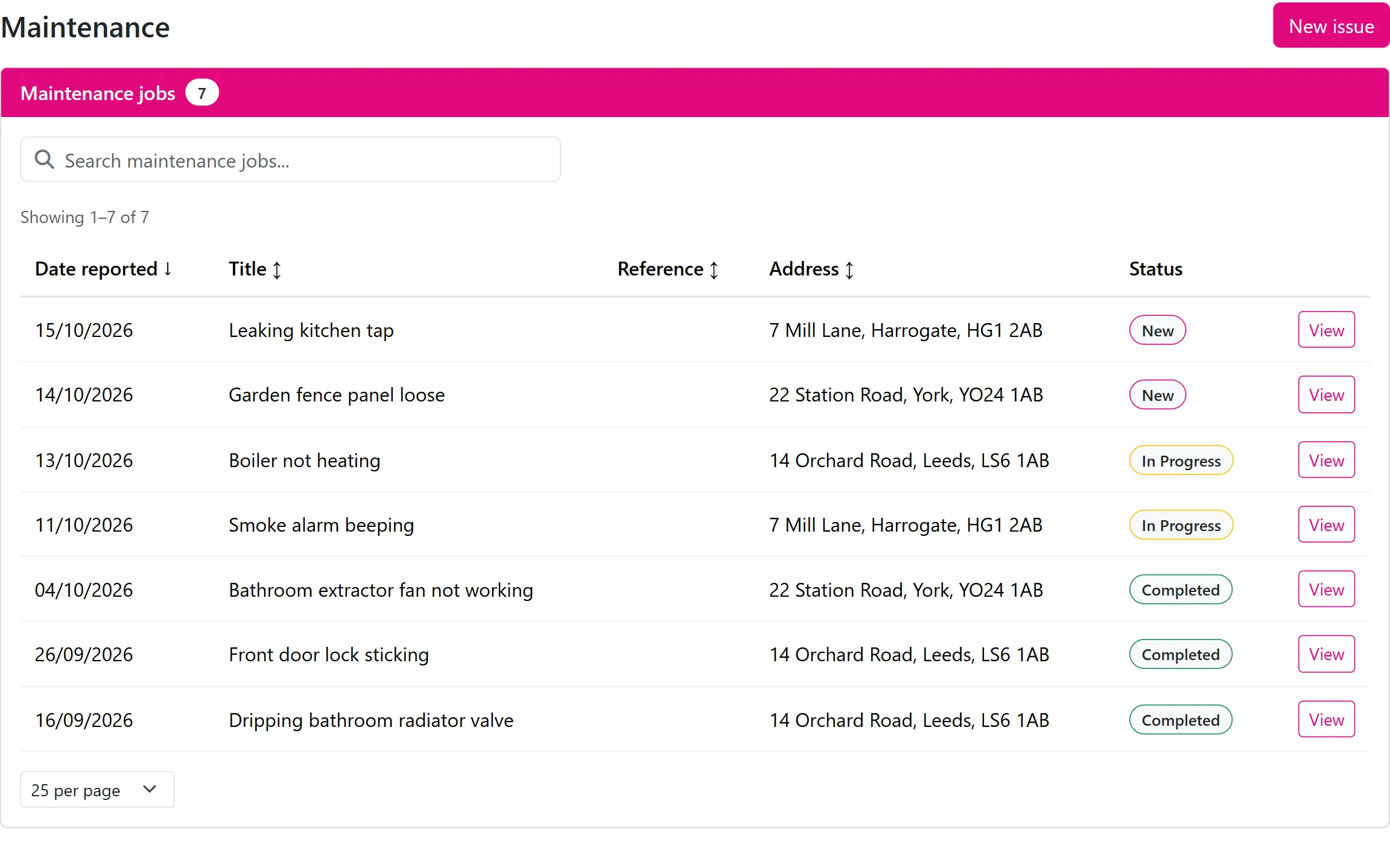 The Landlord Portal maintenance list showing seven sample jobs across three properties, marked New, In Progress or Completed
