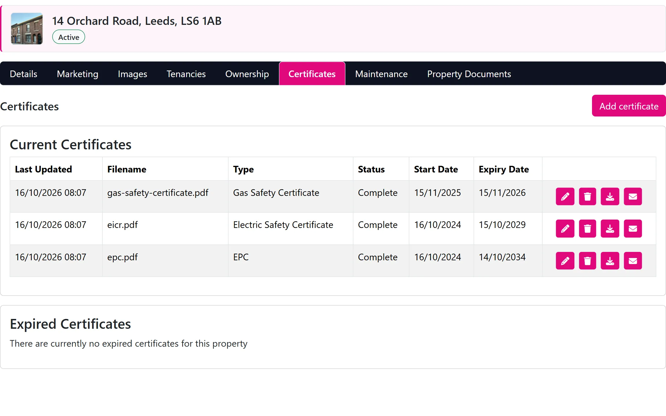 The Landlord Portal Certificates tab for a sample property, listing gas safety, electrical safety and EPC certificates with start and expiry dates